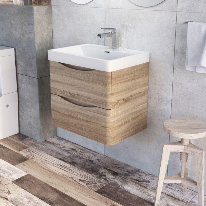 Montana 600mm Wall Hung Vanity Unit in Light Oak & Resin Basin