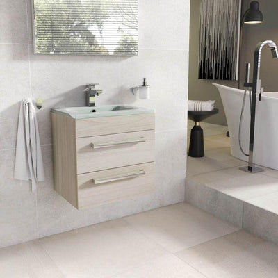 Veto 600mm Wall Mounted Vanity Unit Light Elm With White Glass Basin - Interiors Home Stores