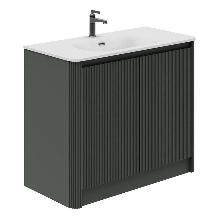 Jack 1000mm Ribbed Floorstanding Vanity Unit with Doors in Green with Gloss White Ceramic Basin N24