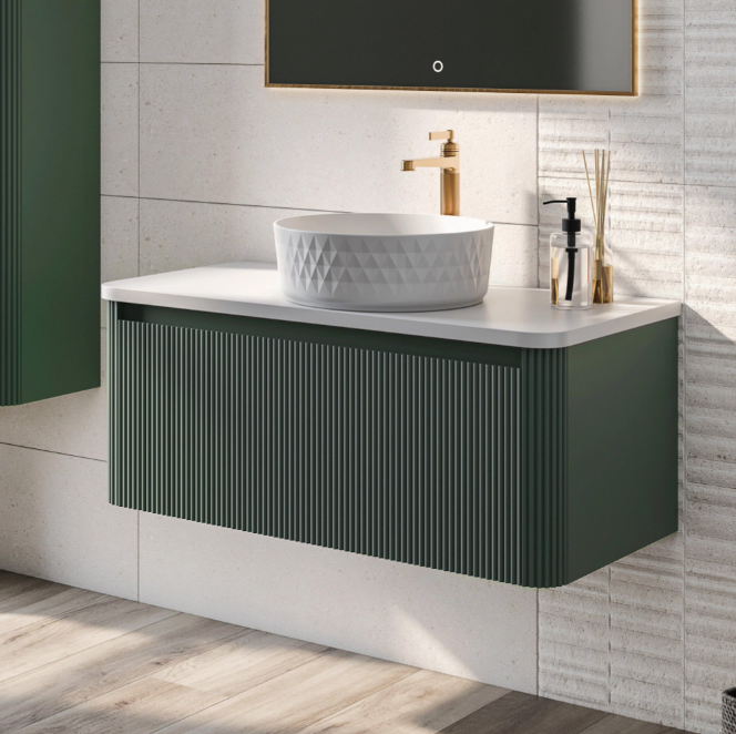 Jack 800mm Ribbed Wall Hung Vanity Unit in Green with White Worktop N23