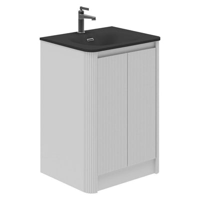Jack 600mm Ribbed Floorstanding Vanity Unit with Doors in White with Black Basin N23