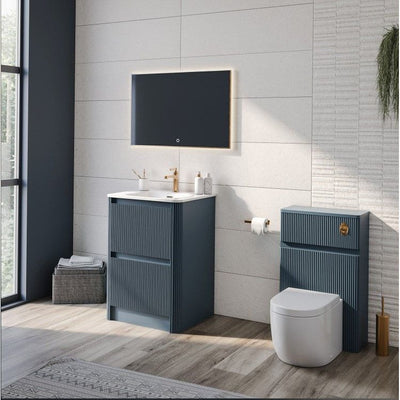 Jack 600mm Ribbed Floorstanding Vanity Unit with Drawers in Blue with Gloss White Ceramic Basin N24