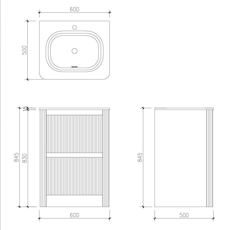 Jack 600mm Ribbed Floorstanding Vanity Unit with Drawers in Walnut with Matt White basin N24