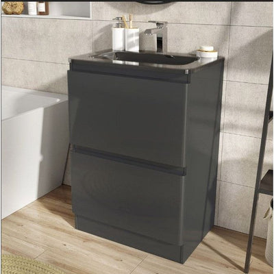 Nancy 600mm Floor Standing Vanity Unit & Grey Glass Basin in Titanium Grey Gloss