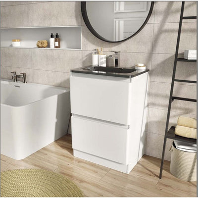 Nancy 600mm Floor Standing Vanity Unit & Grey Glass Basin in Gloss White