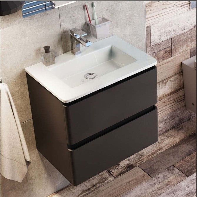 Nancy 600 Wall Mounted Vanity Unit & Opal Glass Basin in Titanium Grey Gloss