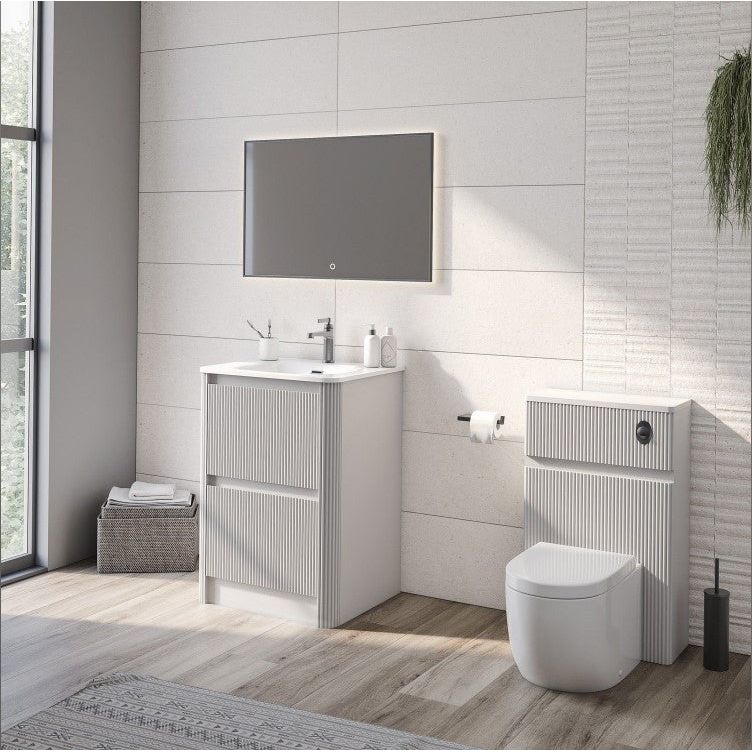 Jack 600mm Ribbed Floorstanding Vanity Unit with Drawers in White with Matt White Basin N23