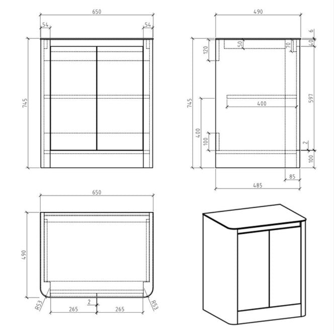Lucy 650mm Floor Standing Vanity Unit in Gloss White with Grey Marble Worktop