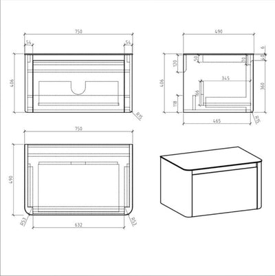 Lucy 750mm Wall Hung Vanity Unit in Light Grey Gloss with Italian Slate Worktop