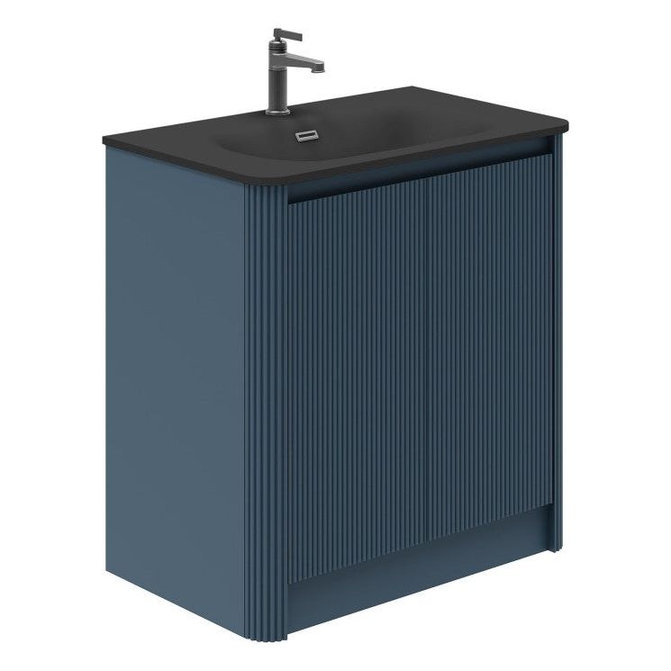 Jack 800mm Ribbed Floorstanding Vanity Unit with Doors in Blue with Black Basin N23