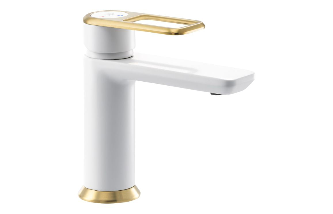 Abode Levarto Basin Mixer - Matt White & Brass AB2781