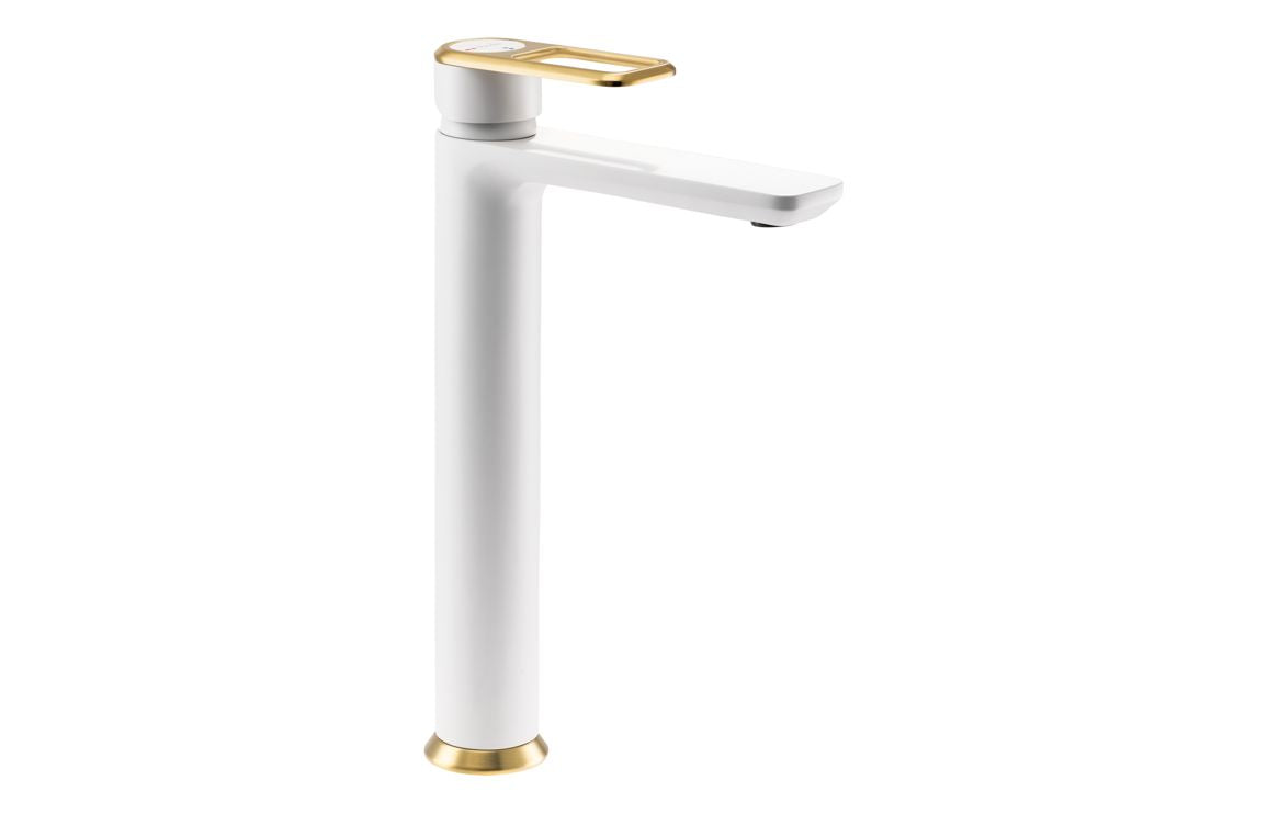 Abode Levarto Tall Basin Mixer - Matt White & Brass AB2786