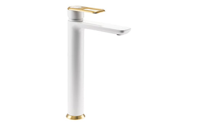 Abode Levarto Tall Basin Mixer - Matt White & Brass AB2786