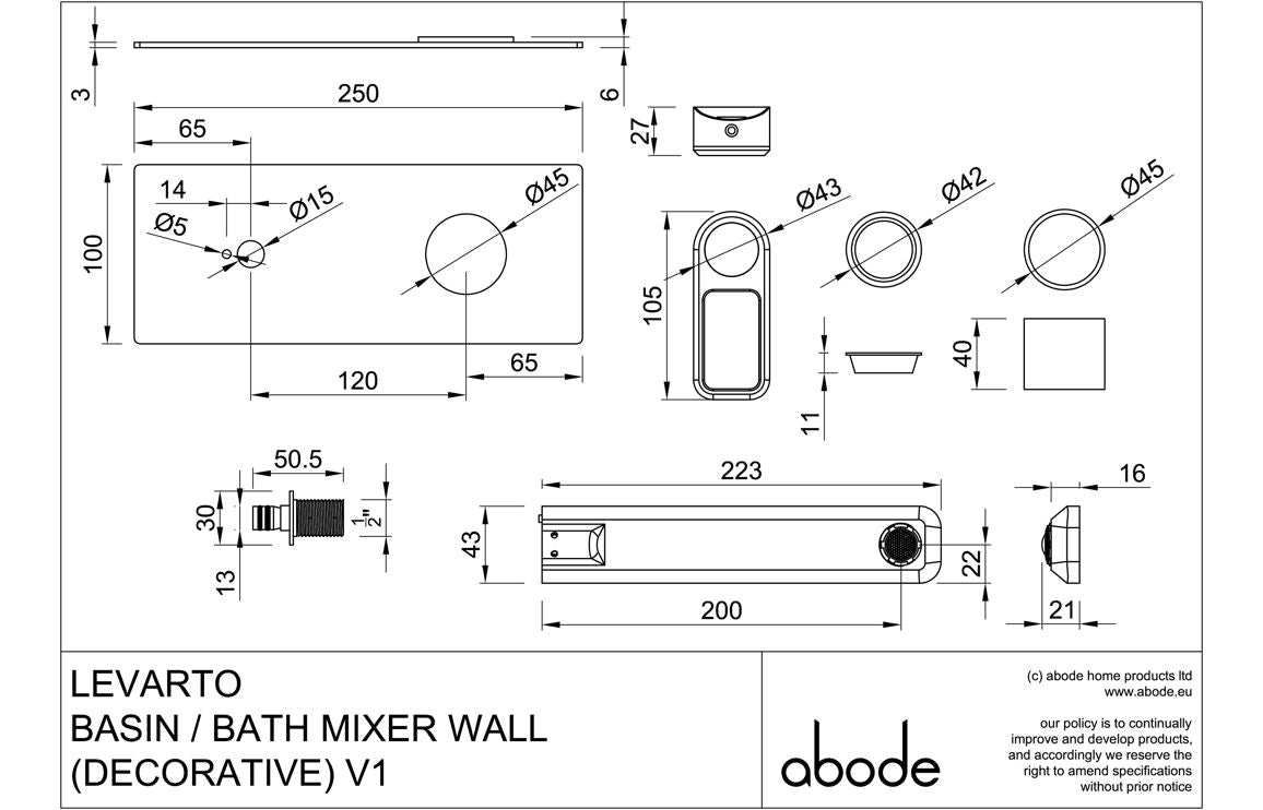 Abode Levarto Wall Mounted Basin/Bath Mixer - Matt Black & Brass AB2790