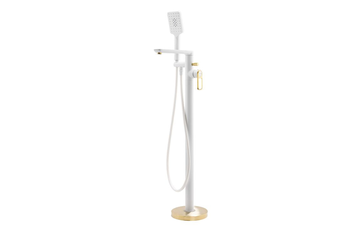 Abode Levarto Floor Standing Bath Shower Mixer - Matt White & Brass  AB2806