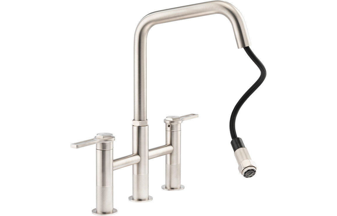 Abode Hex Bridge Dual Lever Mixer Tap w/Pull Out - Brushed Nickel AT2198