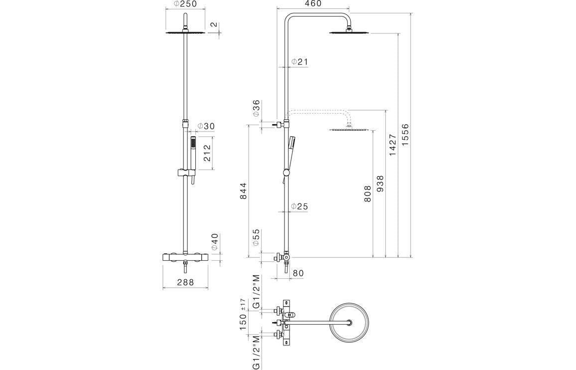 Vema Thermostatic Round Bar Valve w/Fixed Head & Riser - Brushed Brass DICM0852
