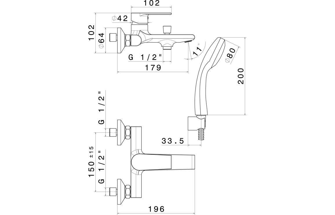 Vema Timea Wall Mounted Bath/Shower Mixer - Matt Black DITB1084