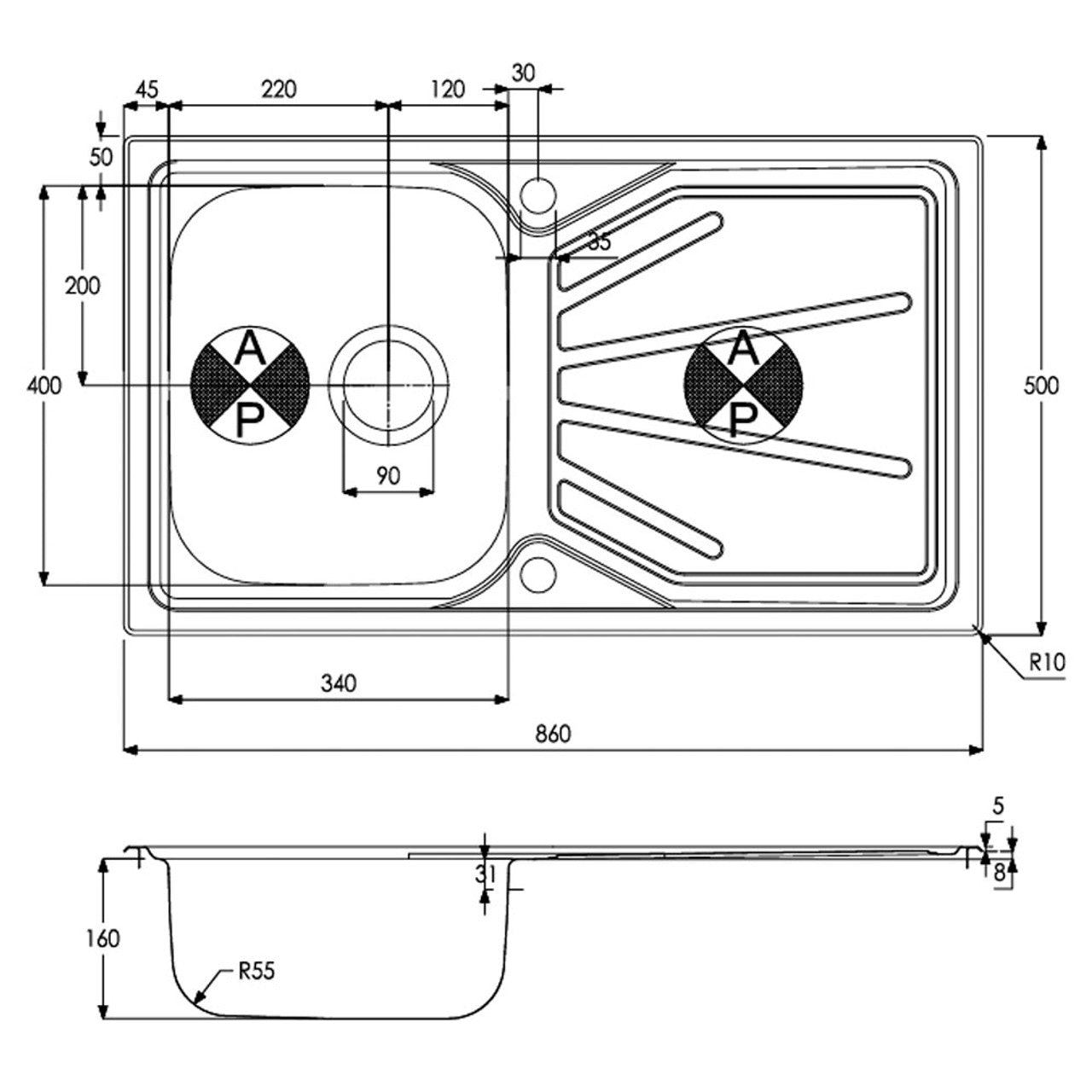 Abode Trydent 1B & Drainer Inset Sink - St/Steel