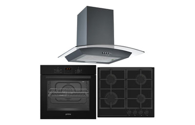 Prima Oven, Gas Hob & Curved Glass Chimney Hood Pack - Black  PPR1051