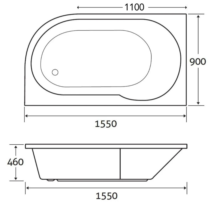 Compact Left Hand Standard Acrylic Shower Bath – 1550 x 900mm