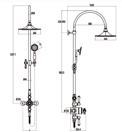 Avondale Traditional Thermostatic Shower Pack - Dual Outlet - English Gold