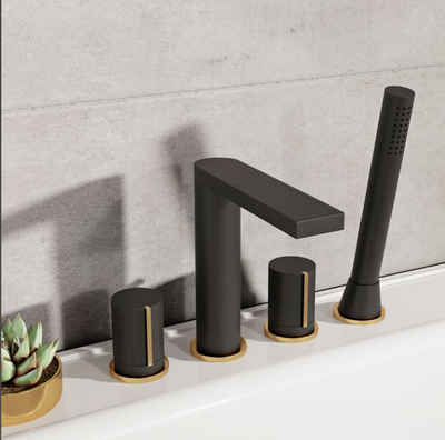 Lexi Matt Black & Gold Deck Mounted 4 Hole Bath Shower Mixer Tap