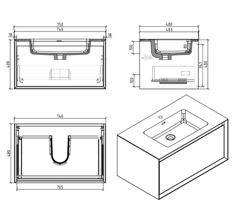 Tawny 750mm Wall Hung Vanity Unit with Black Resin Basin in Natural Oak