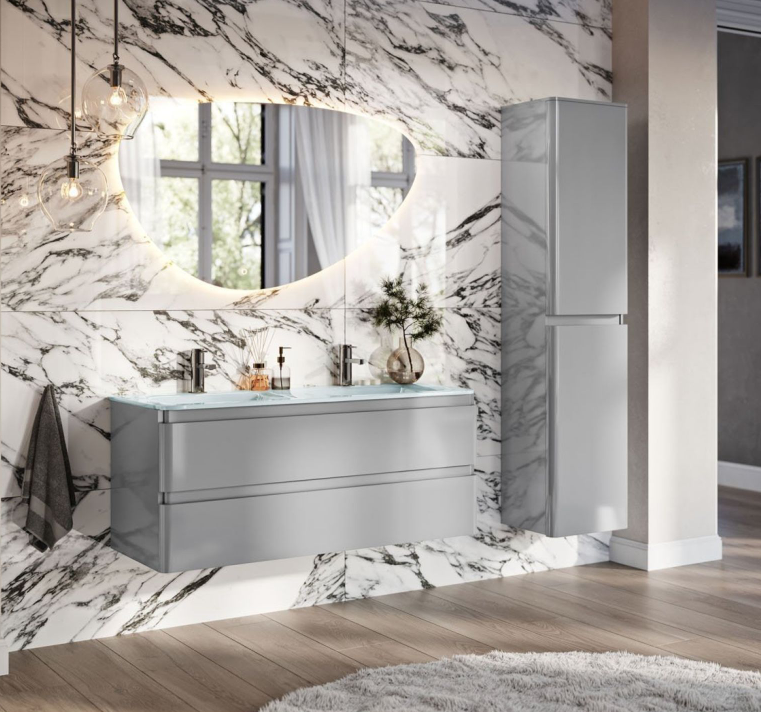 Nancy 1200mm Wall Hung Vanity Unit with Opal Glass Basin in Light Grey Gloss