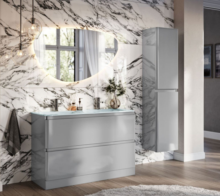 Nancy 1200mm Floor Standing Vanity Unit with Opal Glass Basin in Light Grey Gloss