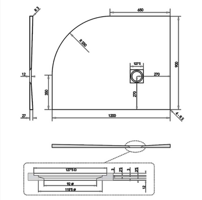 Slate Effect Offset Quadrant Shower Tray Anthracite- 1200 x 900 Right Hand
