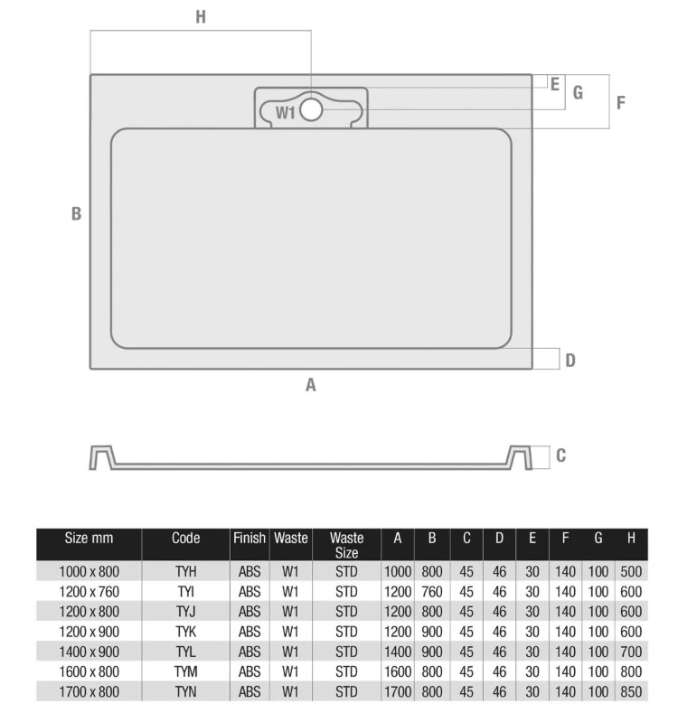 Georgia Rectangular Low Profile Hidden Waste Shower Tray – 1200 x 900mm