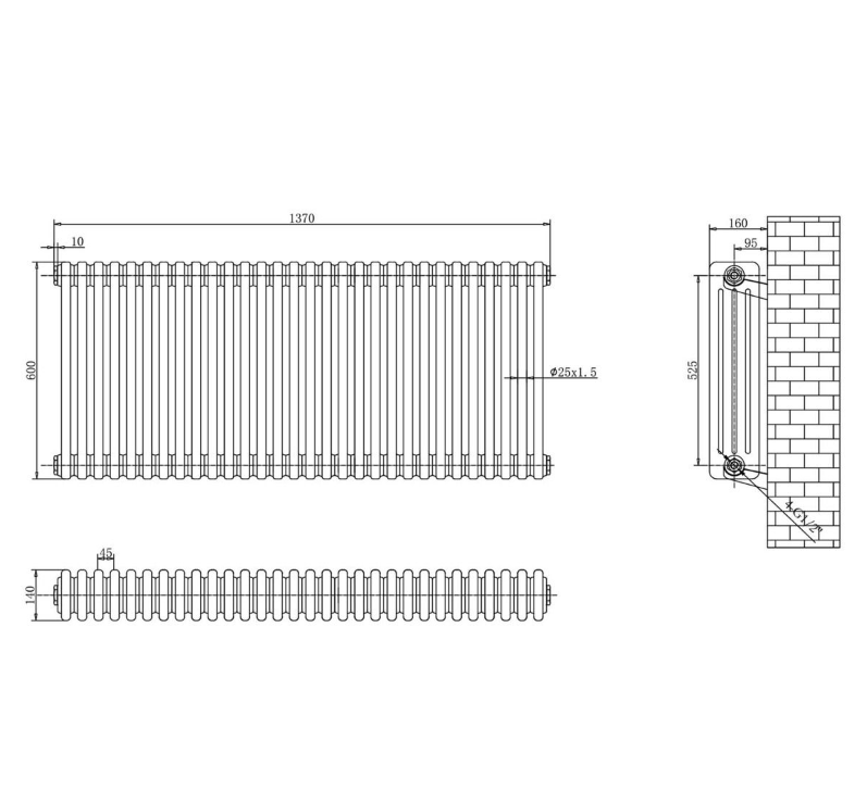 Nevada Quadruple Horizontal Column Radiator -600x1370mm - White