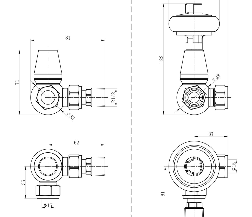 Wooden Head Corner Pair of Radiator Valves - Chrome