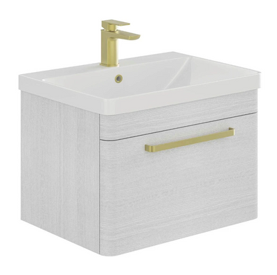 Elsa 800mm Wall Mounted Vanity Unit & Basin in Textured White with Brushed Gold Handles