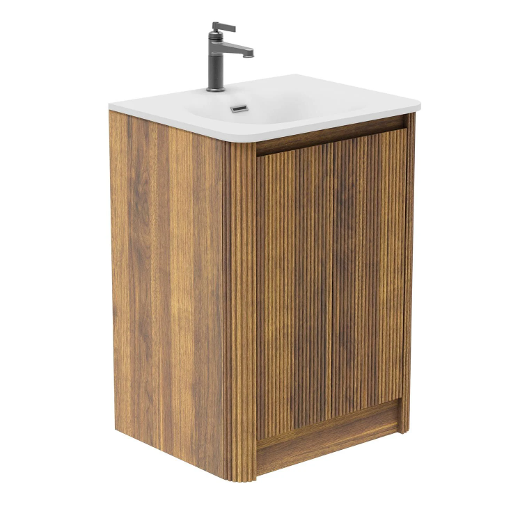 Jack 600mm Ribbed Floorstanding Vanity Unit with Doors in Walnut with Gloss White Ceramic Basin N24