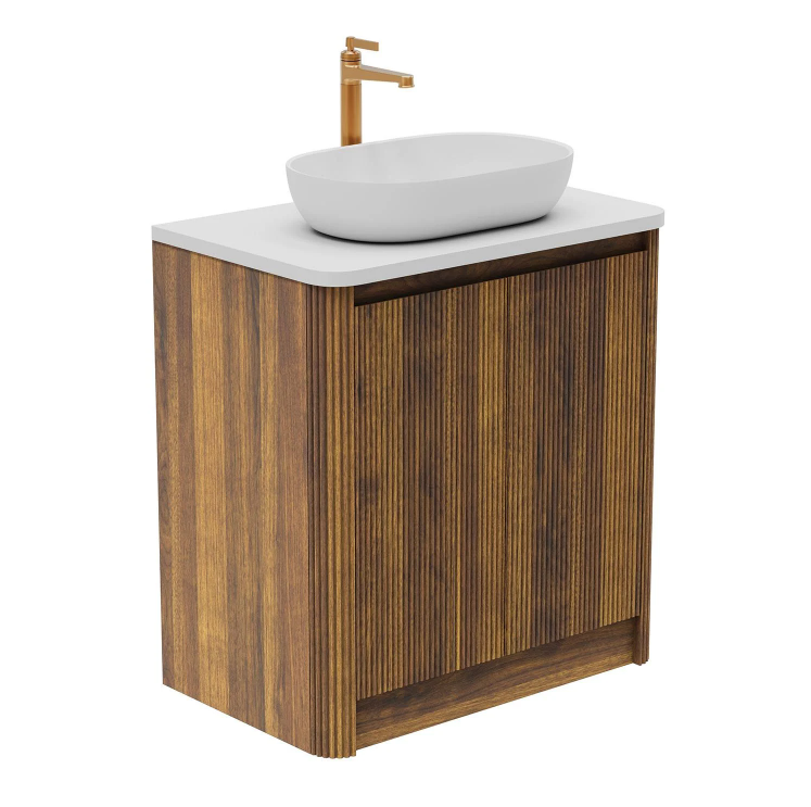 Jack 800mm Ribbed Floorstanding Vanity Unit with Doors in Walnut with White Worktop N24