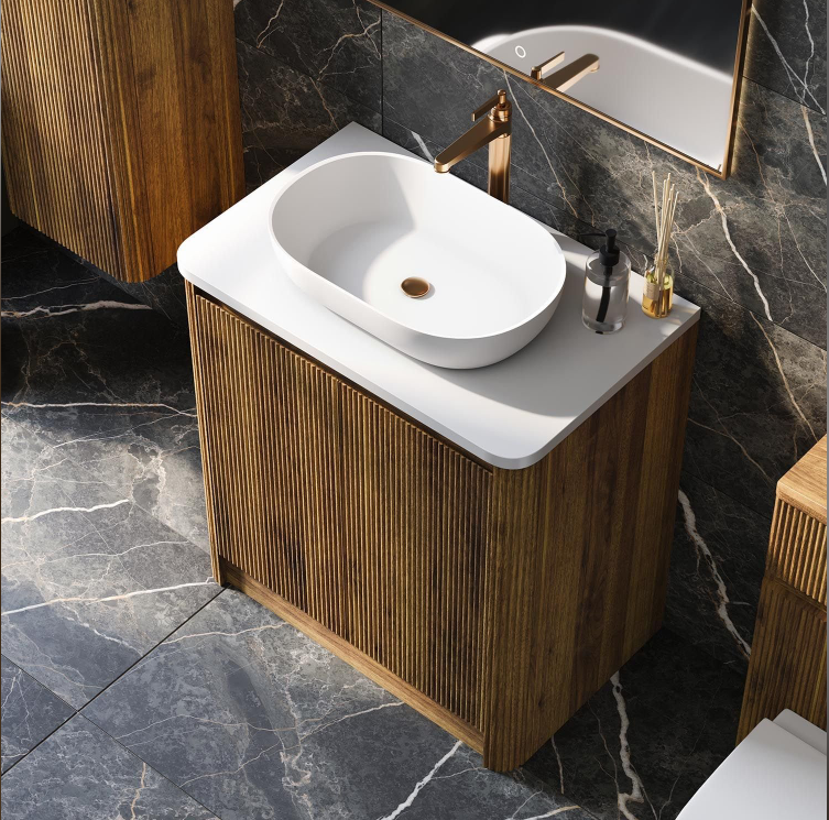 Jack 800mm Ribbed Floorstanding Vanity Unit with Doors in Walnut with Black Worktop N24