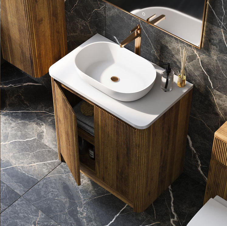 Jack 800mm Ribbed Floorstanding Vanity Unit with Doors in Walnut with Black Worktop N24