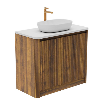 Jack 1000mm Ribbed Floorstanding Vanity Unit with Doors in Walnut with White Worktop N24