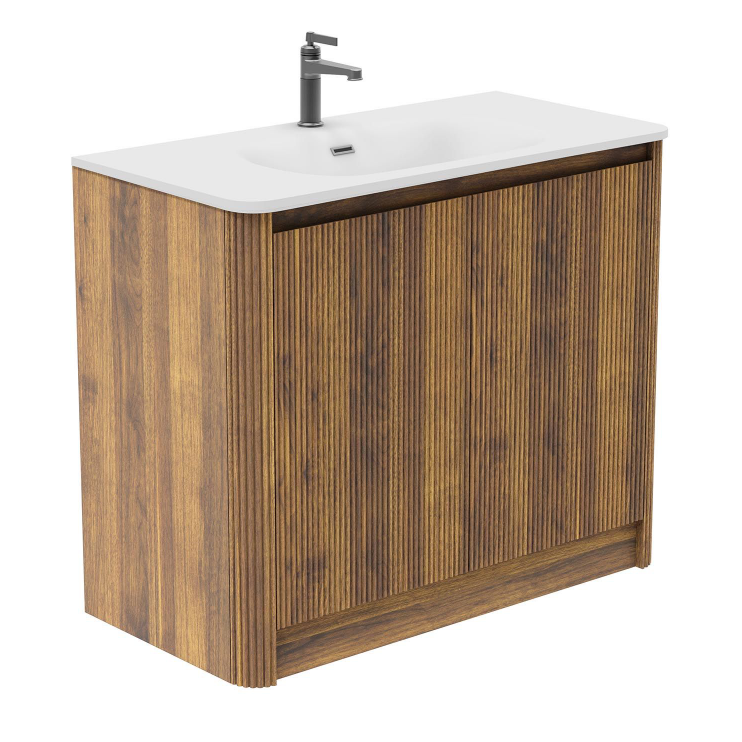 Jack 1000mm Ribbed Floorstanding Vanity Unit with Doors in Walnut with Gloss White Ceramic Basin N24