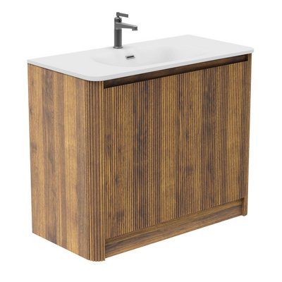 Jack 1000mm Ribbed Floorstanding Vanity Unit with Doors in Walnut with Gloss White Ceramic Basin N24