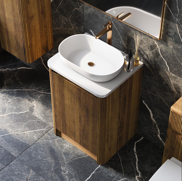 Jack 600mm Ribbed Floorstanding Vanity Unit with Doors in Natural Oak with Black Worktop N24