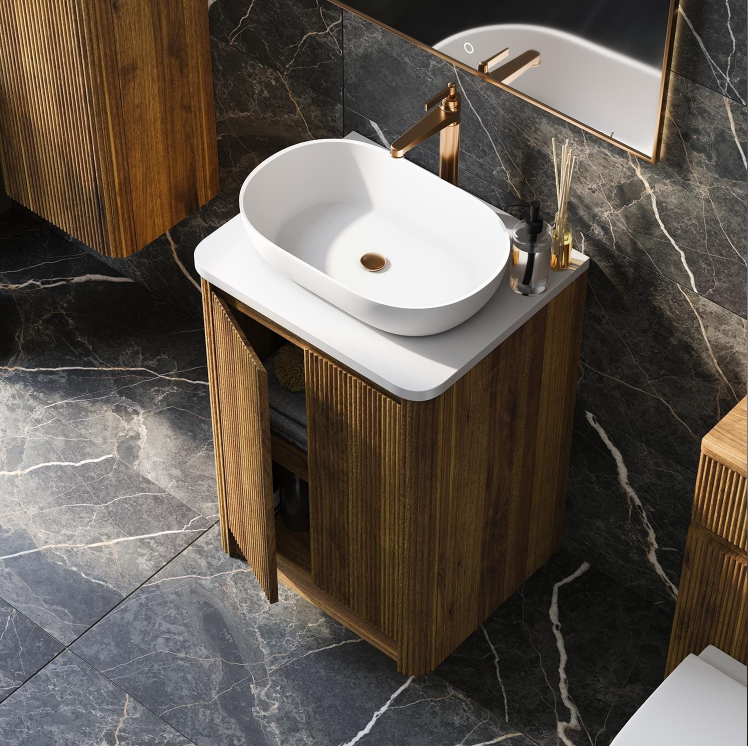Jack 600mm Ribbed Floorstanding Vanity Unit with Doors in Natural Oak with Black Worktop N24