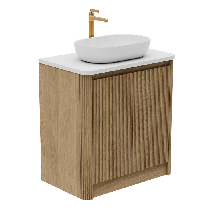 Jack 800mm Ribbed Floorstanding Vanity Unit with Doors in Natural Oak with White Worktop N24