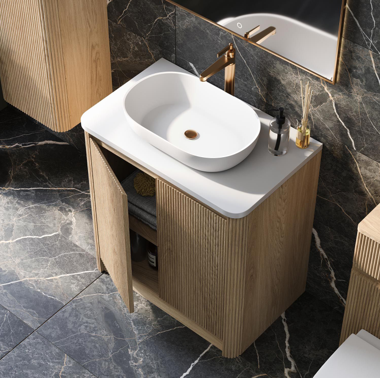 Jack 800mm Ribbed Floorstanding Vanity Unit with Doors in Natural Oak with Black Worktop N24