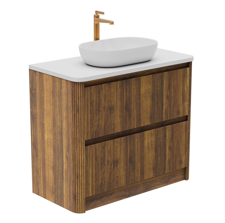 Jack 1000mm Ribbed Floorstanding Vanity Unit with Drawers in Walnut with White Worktop N24