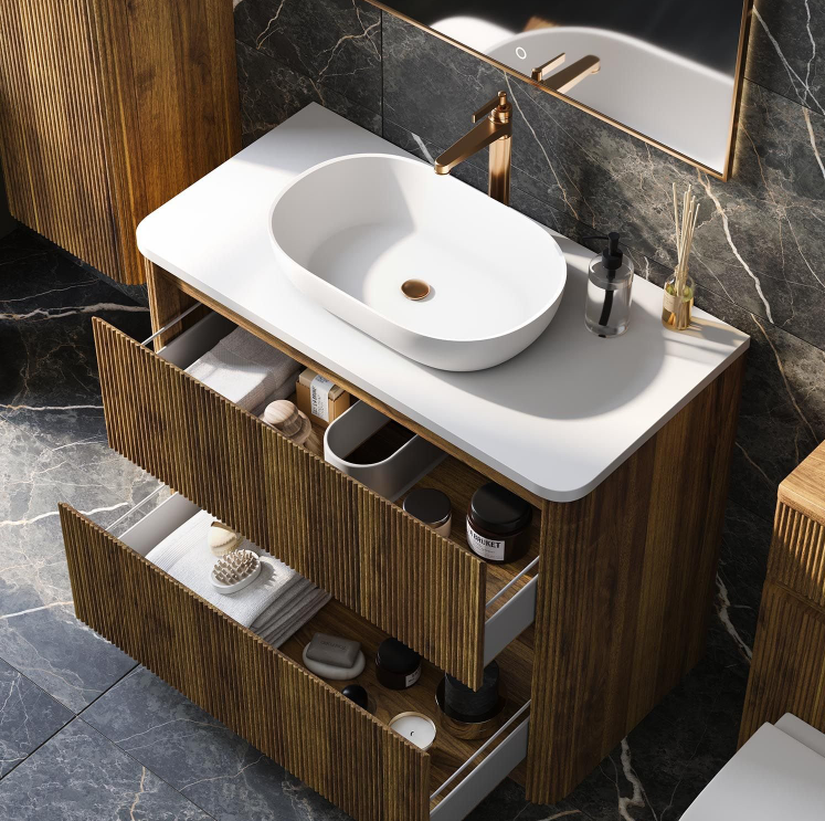 Jack 1000mm Ribbed Floorstanding Vanity Unit with Drawers in Walnut with White Worktop N24