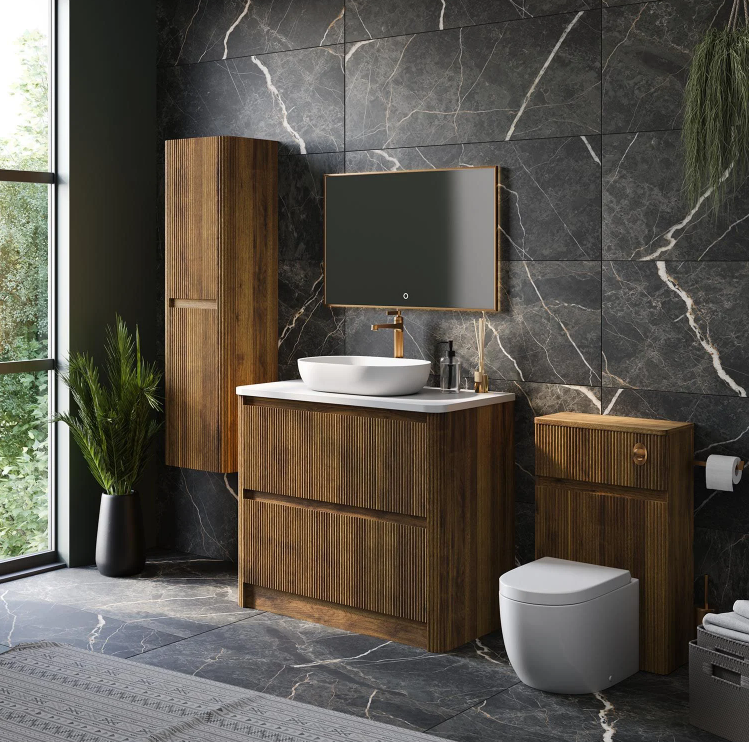 Jack 1000mm Ribbed Floorstanding Vanity Unit with Drawers in Walnut with White Worktop N24