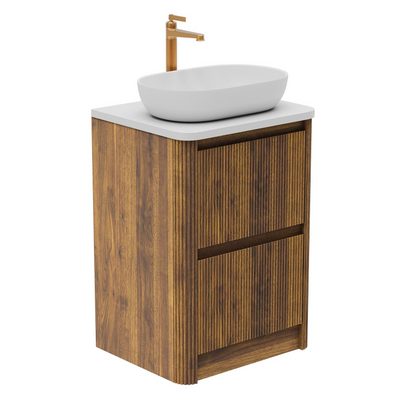 Jack 600mm Ribbed Floorstanding Vanity Unit with Drawers in Walnut with White Worktop N24